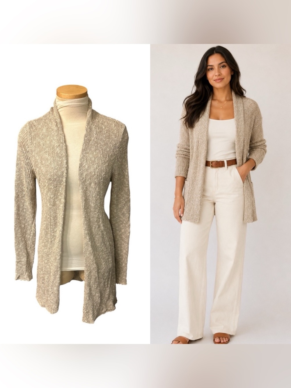 Eileen Fisher Neutral Beige Open Front Knit Cardigan Linen Blend Size Medium